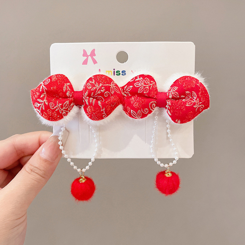 2023 niñas lindo conejo horquilla borla horquilla BB clip accesorios para el cabello rojo Año Nuevo lado clip accesorios para el cabello tocado