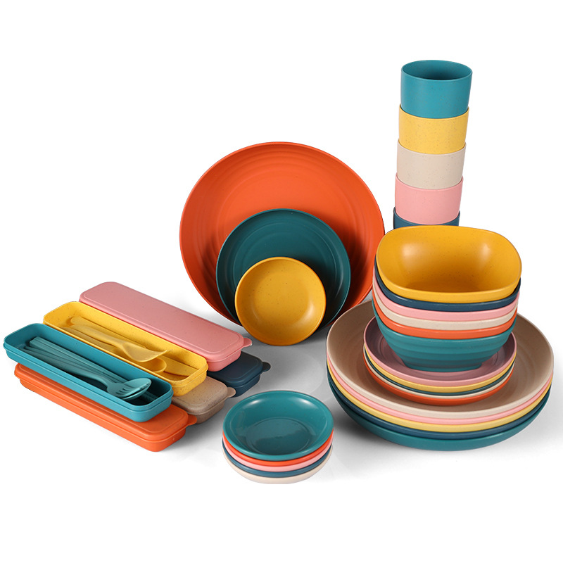 Amazon Wheat Straw Cutlery Plate Dishes Cup 6-person home student knife, fork, spoon and chopsticks outdoor tableware set