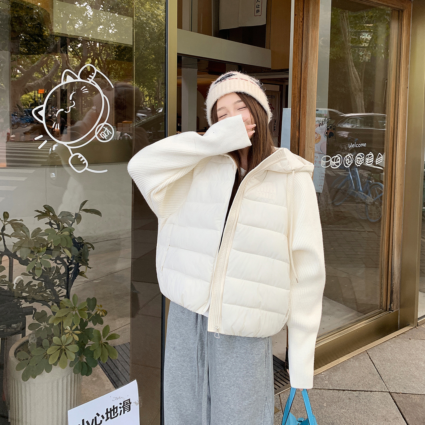 Suéter de punto ligero y delgado, manga de algodón empalmado, ropa corta de mujer, dos piezas falsas de otoño y invierno, nueva chaqueta de algodón de moda, abrigo image 3