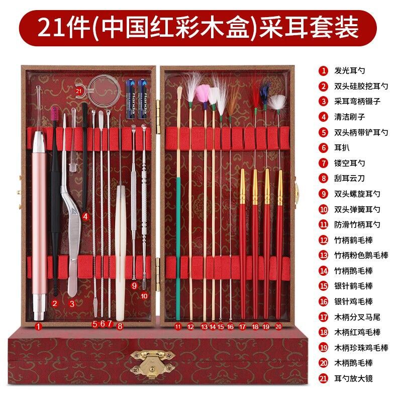 Fábrica en stock oreja recoger limpieza del oído cera limpieza pluma de ganso palo oreja recogiendo el color del pelo caja de madera oreja recogiendo herramienta traje