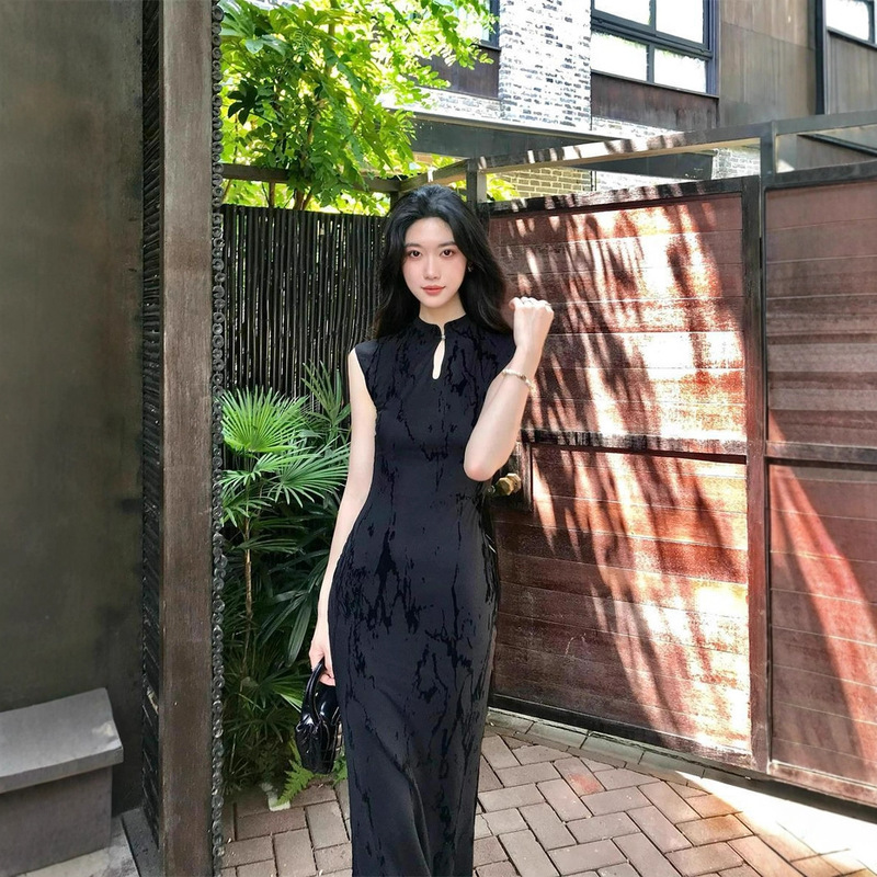 新中式旗袍改良年轻款少女高级感修身显瘦气质黑色无袖连衣裙女夏|undefined