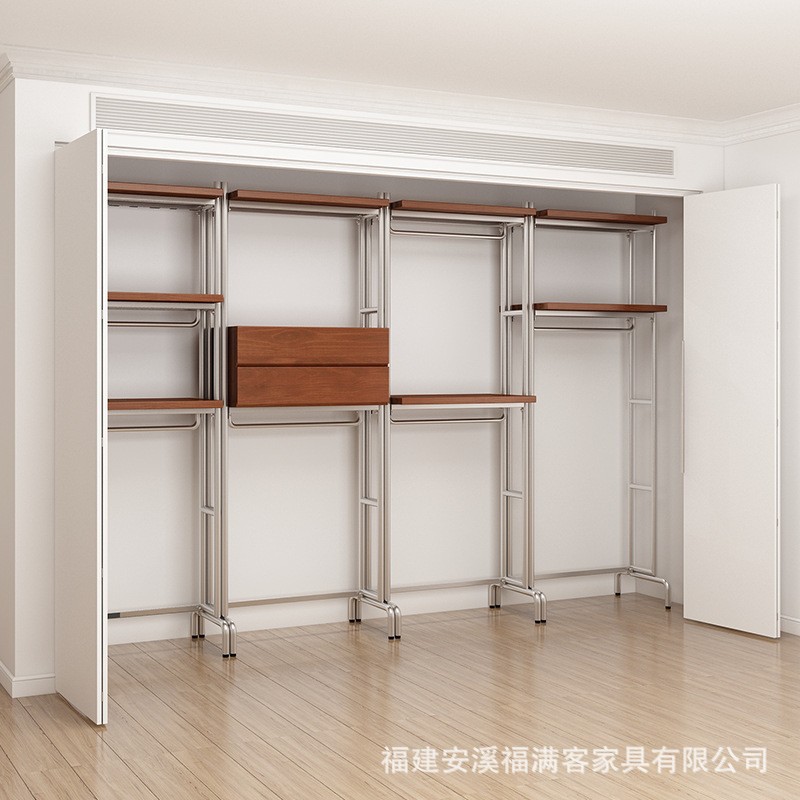 开放式衣柜北欧铁艺loft步入式衣架落地卧室衣橱金属衣帽间置物架