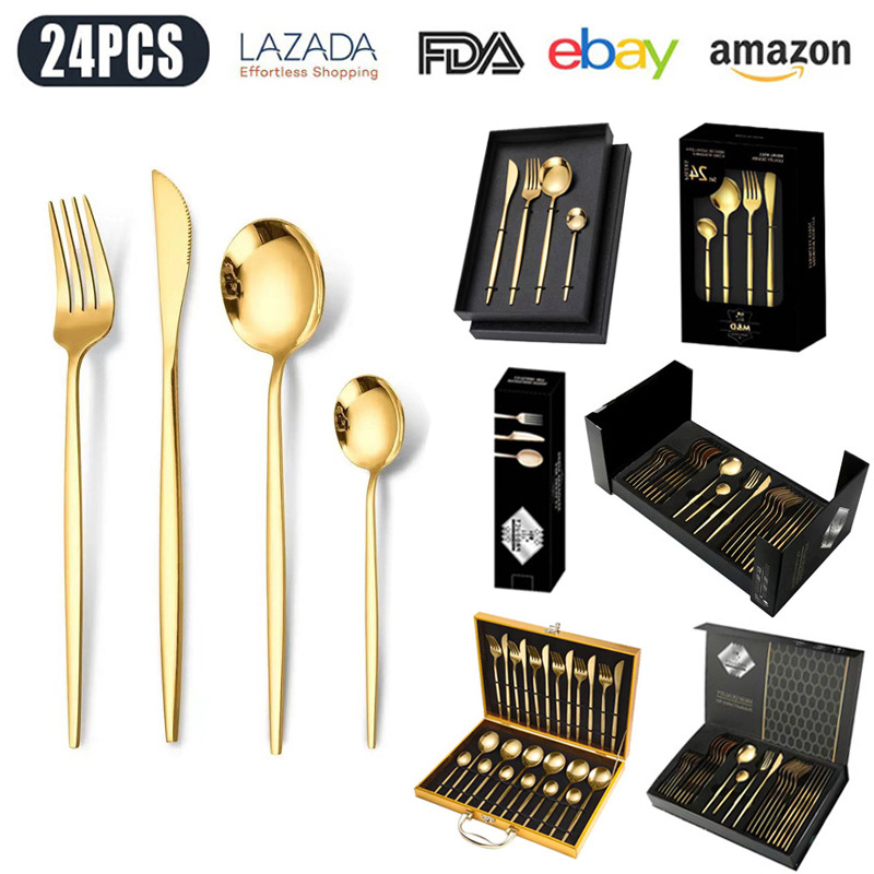 Juego de cuchillo y tenedor de comida occidental portuguesa de acero inoxidable de Amazon transfronterizo Juego de 24 piezas de bistec, cuchillo, tenedor, cuchara, cuchara, juego de cuchara de postre