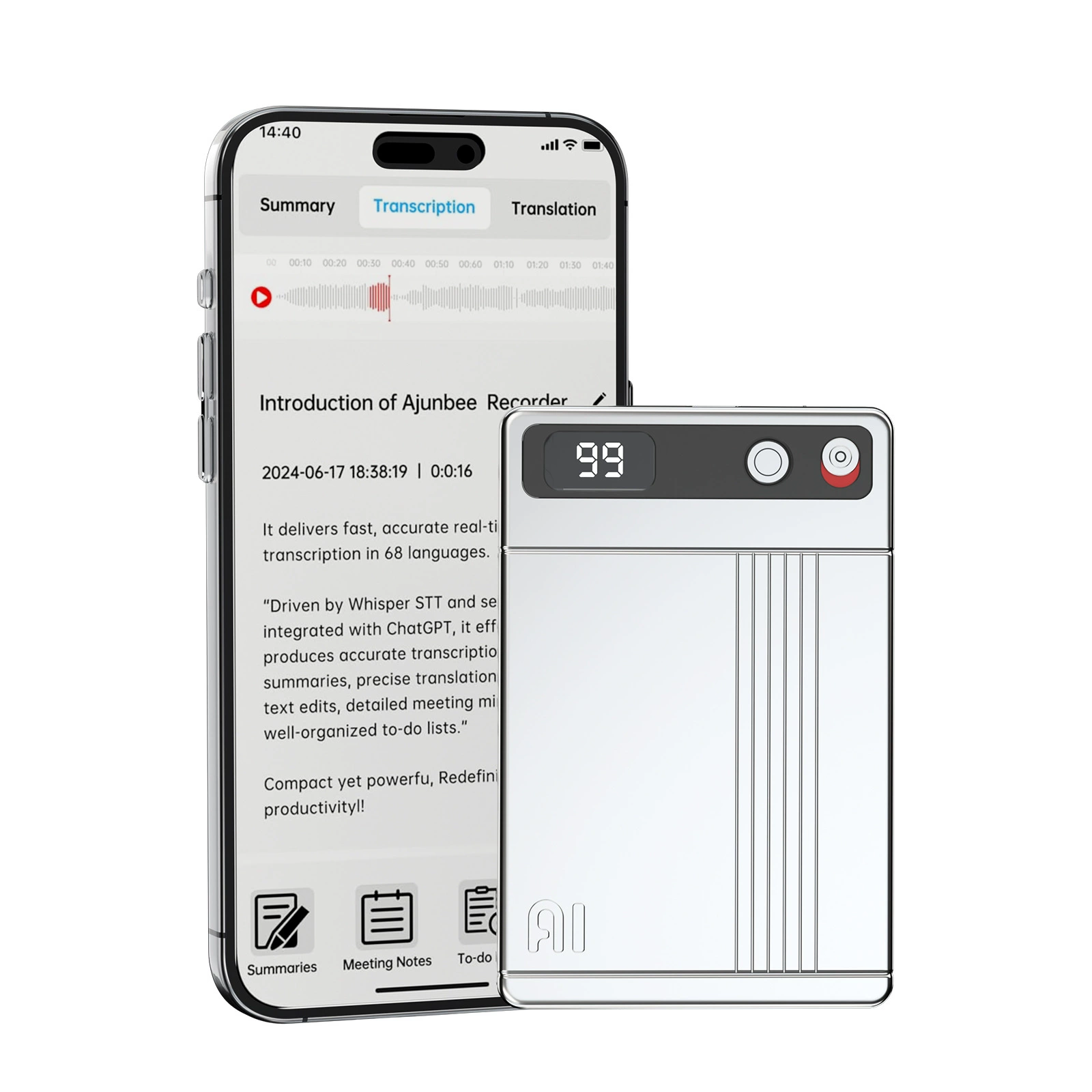 Умный диктофон с ИИ, портативное устройство для записи и прослушивания с удаленным управлением, шумоподавлением и высококачественным мониторингом.
