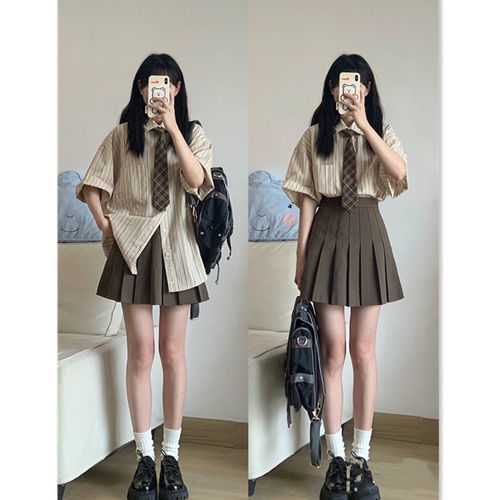 【Two-Piece Set】Hong Kong Style Retro College Striped Short-Sleeve Shirt Top Korean Version Versatile Student Baishi Hui