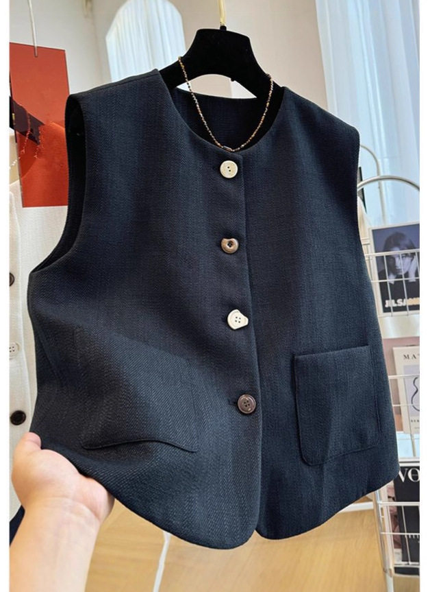 Áo vest nữ không tay dáng gile cổ tròn phối lớp phong cách Pháp — đen, Màu trắng nhạt