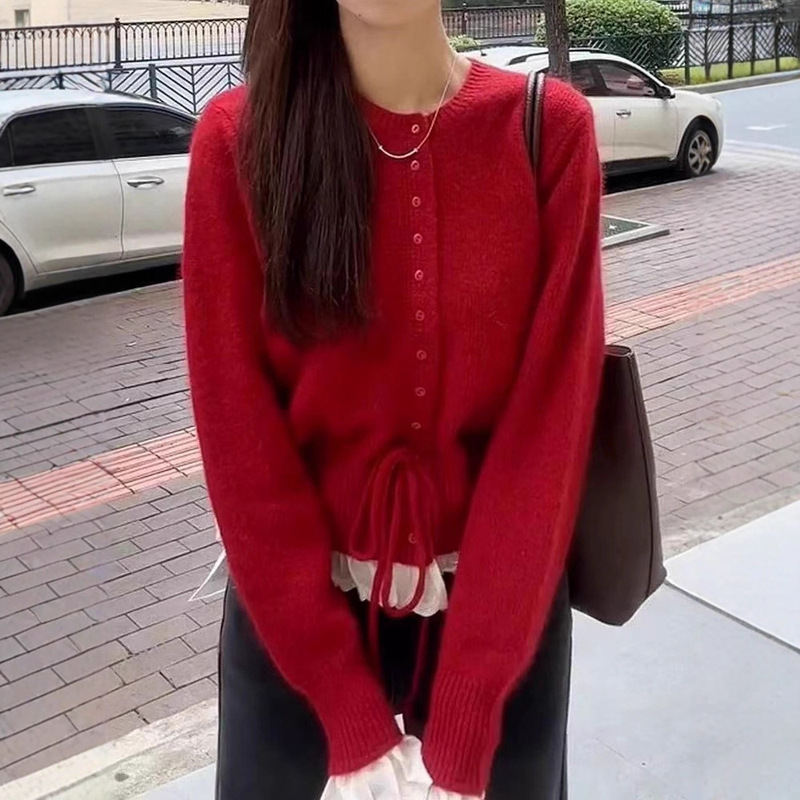 2026 Korean Style Sweet and Youthful Lace-Trimmed Waist-Tie Sweater for Women, New Autumn and Winter Knitted Cardigan Jacket for Women