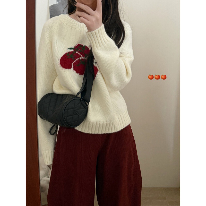 Round Neck Cartoon Cute Knit Sweater for Women 2026 Autumn and Winter New Style Loose Thickened Top Tomato Jacquard Pullover Sweater