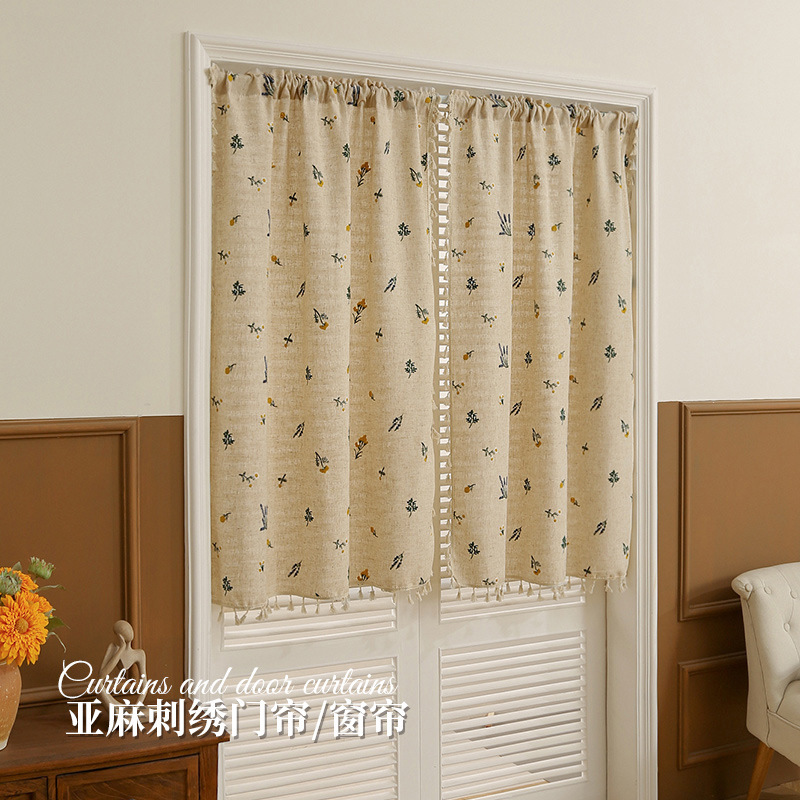 Japanese-style Door Curtain Linen Bedroom High-level Screen Curtain Kitchen Partition Curtain Wheat Ear Embroidered Curtain Cotton Linen Texture