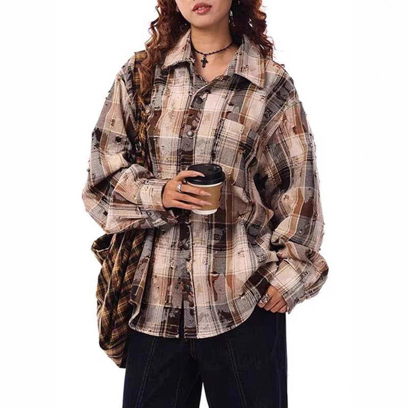 Foreign Trade American Retro Ripped Plaid Shirt for Women European and American Design Loose Casual Couple Shirt Long-Sleeved Jacket