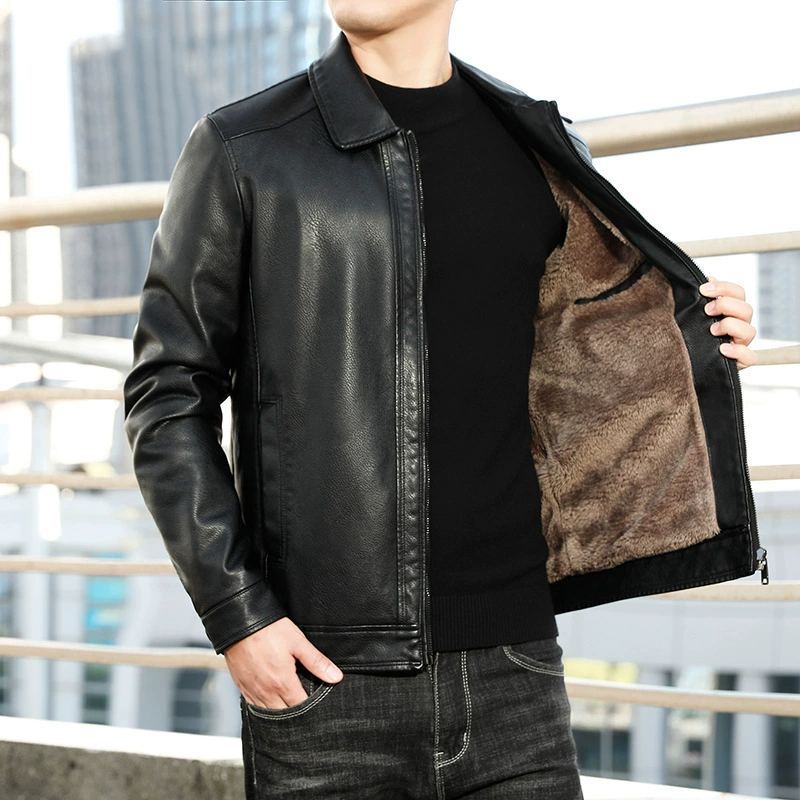 Осенне-зимняя кожаная куртка с лацканами, Мужская мотоциклетная кожаная куртка, весенне-осенняя утепленная повседневная куртка из искусственной кожи с флисовой подкладкой