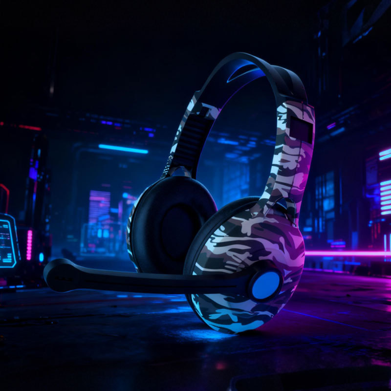 Nuevo auriculares camuflado recubrimiento UV impresión llamada reducción de ruido juegos de deportes electrónicos fabricantes de auriculares de computadora por cable