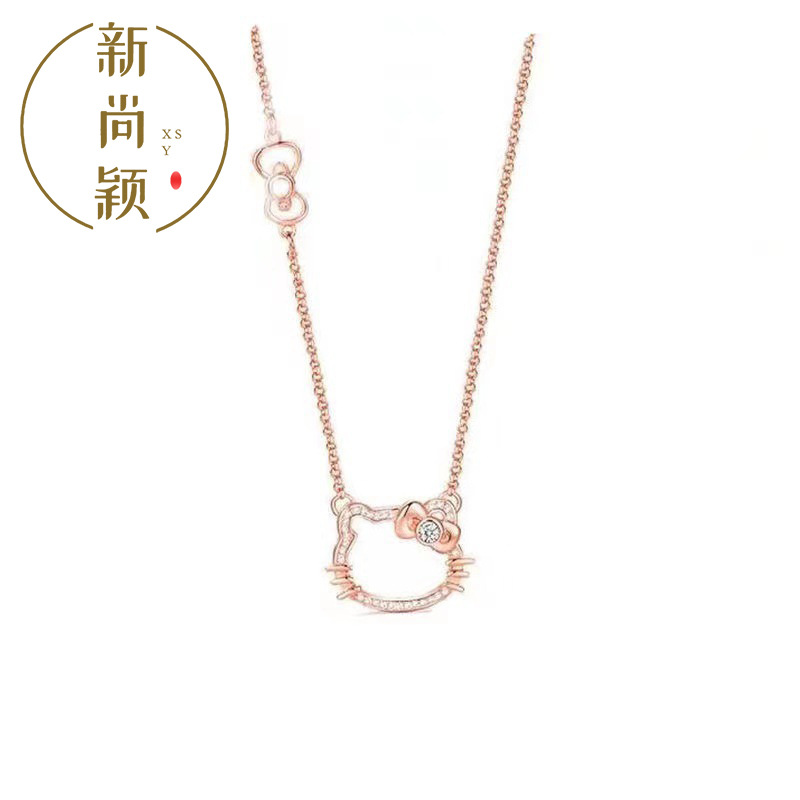 kitty貓項鍊ins鑲鑽凱蒂吊墜蝴蝶結鎖骨鏈可愛輕奢生日禮物