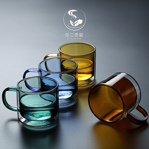双层玻璃喝水杯耐高温咖啡杯彩色带把茶杯防爆感水杯套装家用