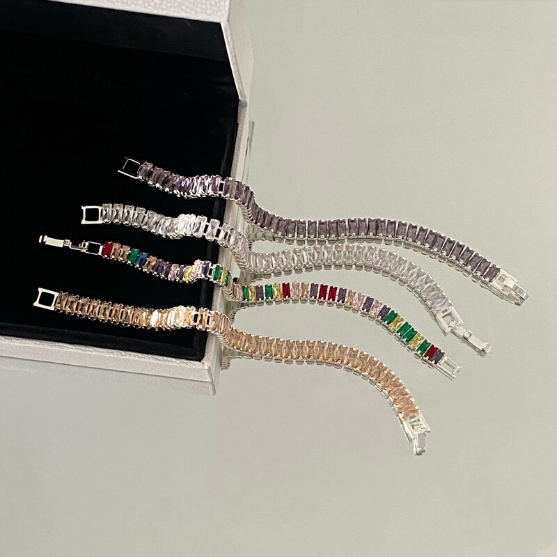 Light Luxury Champagne Gold Plated 925 Silver Square Diamond Tennis Bracelet for Women, Full Diamond Zircon Elegant Versatile Gold-Plated Bracelet Jewelry