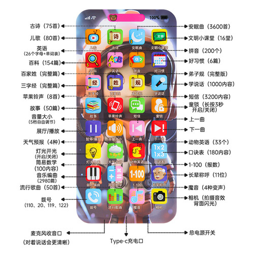 Rechargeable baby simulation touch screen mobile phone toy baby educational early education story music phone for boys and girls