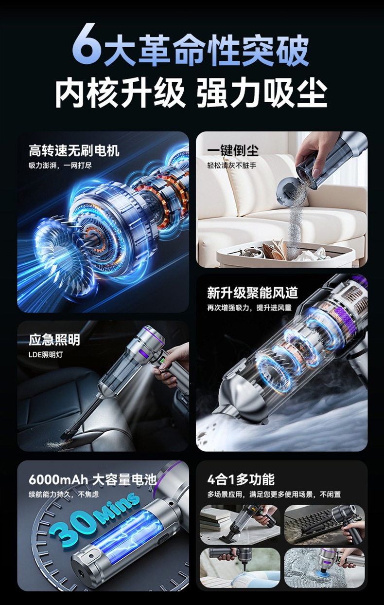 Car-mounted vacuum cleaner with dual-function suction and blowing, brushless high-power 16000Pa, integrated air pump with digital LED display