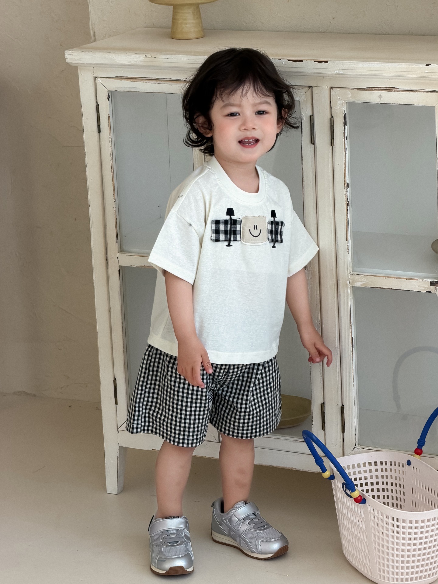 Boys' Summer Short-Sleeved T-Shirt Plaid Shorts Set Thin 2026 Korean Style Children's Clothing Baby Summer Clothes