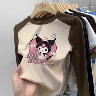 Spring girls' bottoming shirt autumn 2024 new large children's long sleeve color contrast slim fit T-shirt children's inner top