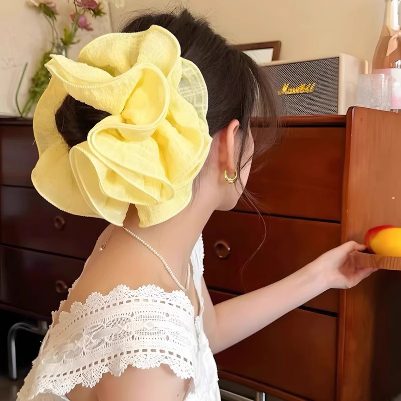 Lazo de encaje plisado amarillo, lazo para el cabello de intestino grueso para mujer, gran tamaño 2025, nueva cuerda para el cabello, flor para la cabeza, cuerda para la cabeza coreana, tocado de temperamento