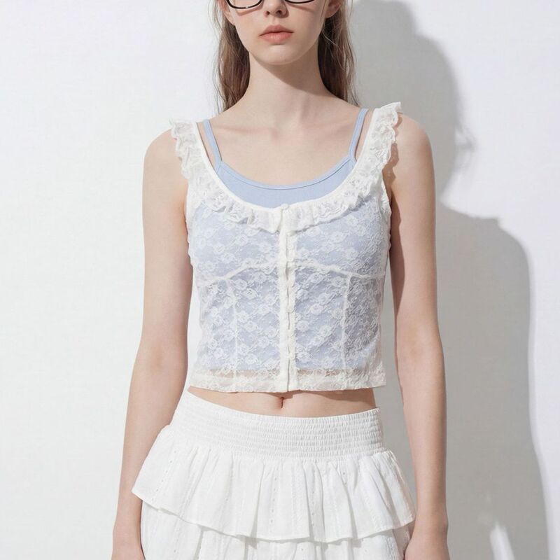 Cross-Border Wholesale Spicy Girl Fresh and Sweet Style Tops, Waist-Cinching Korean-Style Camisole, Slim-Fit Short Lace Blouse Cross-Border Wholesale Spicy Girl Fresh and Sweet Style Tops, Waist-Cinching Korean-Style Camisole, Slim-Fit Short Lace Blouse