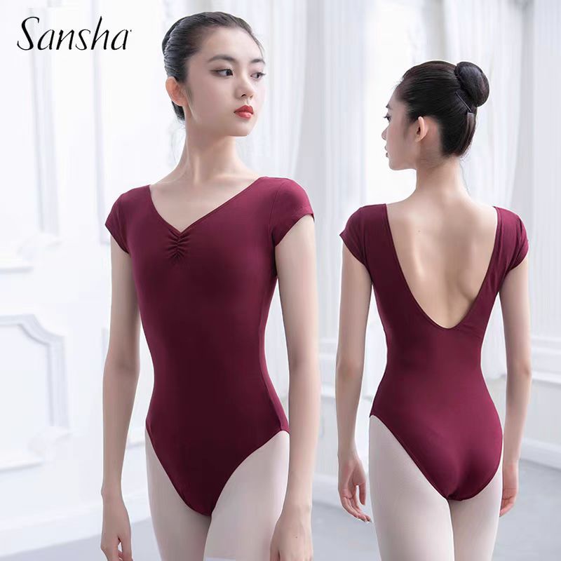 Sansha Adult V Neck Body Practice Jumpsuit Short-Sleeved Backless Ballet Art Test Dance Basic Training Suit Gymnastics Suit