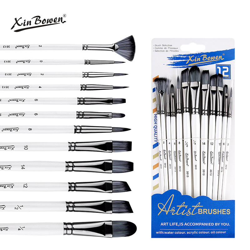 Cross-Border full set of nylon hair brush watercolor pen paint acrylic brush 12 PCs suit art supplies brush wholesale