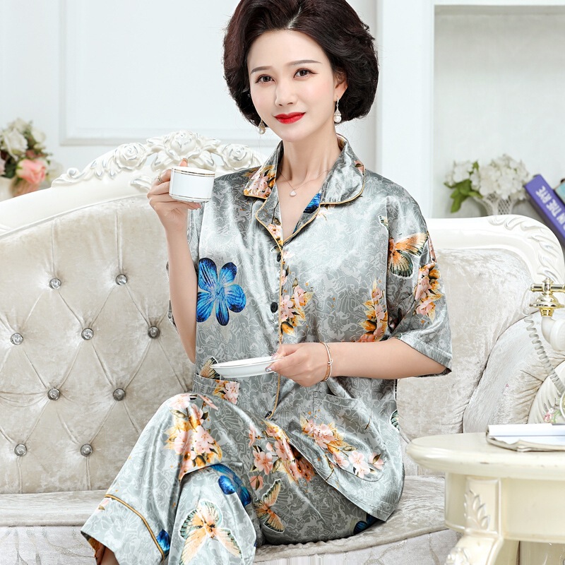 Cardigan New Style Mom Pajamas Ice Silk Women's Short-Sleeved Trousers Light Luxury Plus Size Home Clothes One Piece Drop Shipping Free Shipping