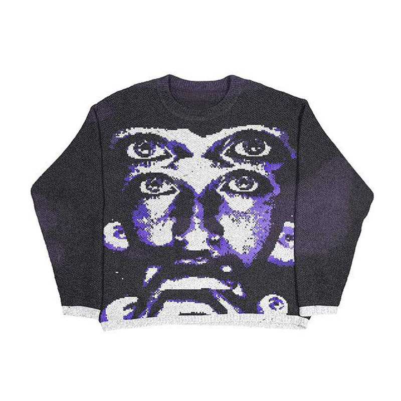 Men's Clothing trend jacquard round neck loose knit sweater couple dark series pullover sweater _voghion.com