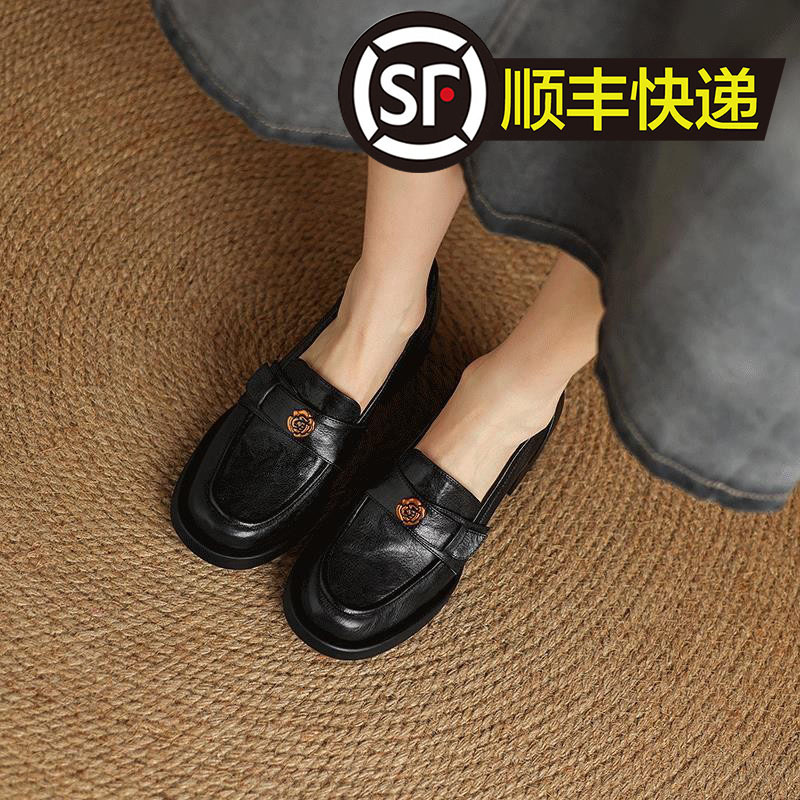 Cowhide Version ~ Genuine Leather Retro Camellia Slip-On Loafers for Women 2025 New Small Leather Shoes Thick High-Heeled Shoes