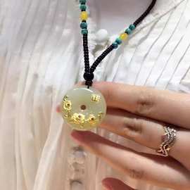 金镶玉秋季百搭毛衣链足金999和田玉金花项链送图片批发平安扣