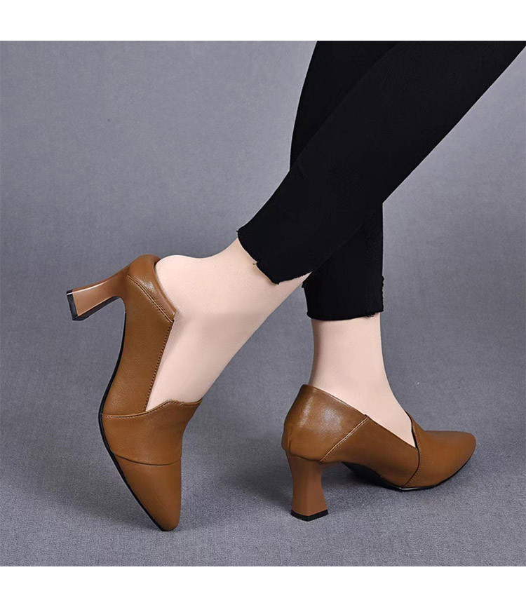 Giày cao gót nữ da thật mũi nhọn gót vuông 7 cm — Kaki 7 cm chi tiết 4