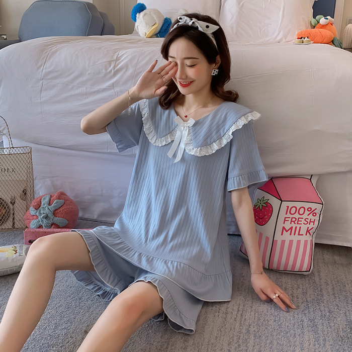 Pijama de mangas largas para mujeres sobre las rodillas pijama de viento primavera y otoño de hadas corte muñeca cuello princesa viento conjunto de verano