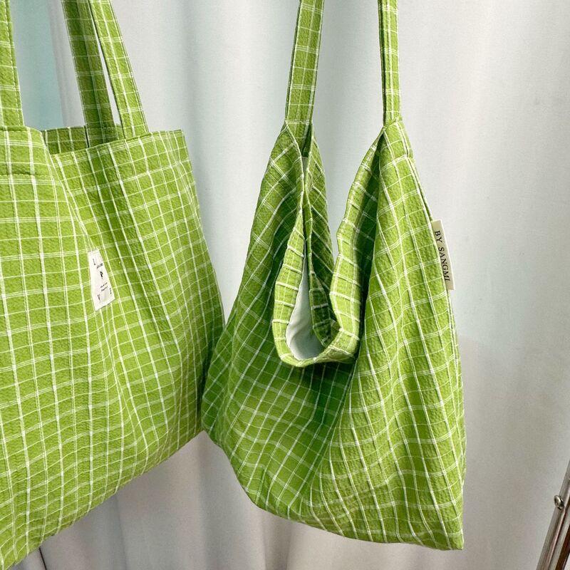 518519 Spring and Summer Green Plaid Cotton Shoulder Bag Large Capacity Tote Bag Girls' Crossbody Bag Fresh Style Drawstring Pocket