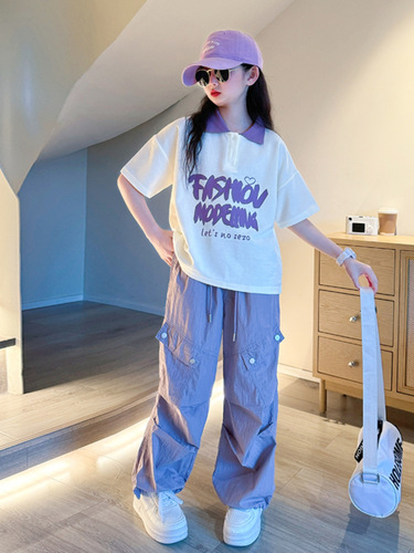 Kids' Clothing for Girls—Summer Fashionable 2024 New Arrival Mid-to-Large Size Korean-Style Stylish Lettered Casual Loose Two-Piece Set