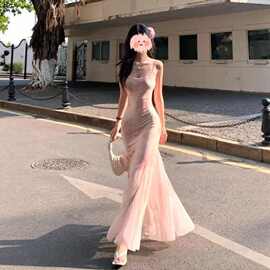纯欲风性感辣妹渲染碎花吊带连衣裙女夏季网纱开衫花边包臀鱼尾裙