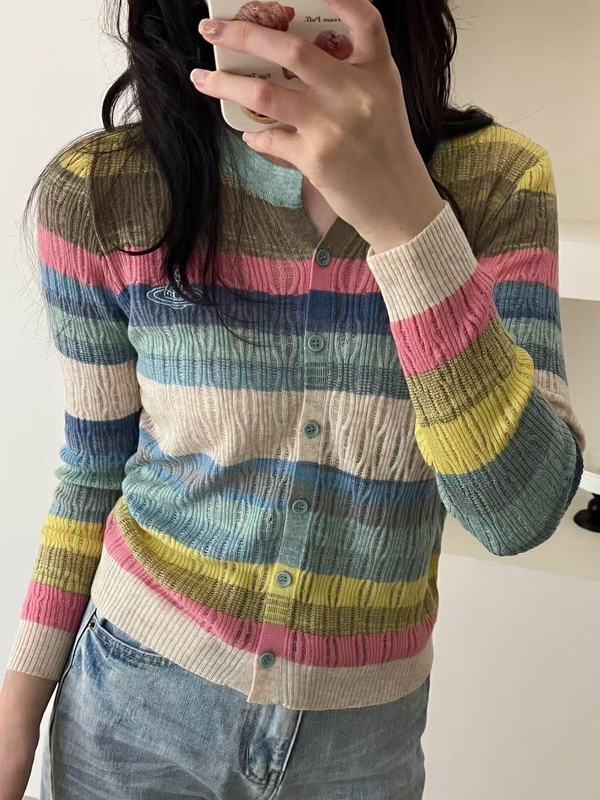 现货高品质土星彩虹条纹圆领女装针织衫开衫新款撞色长袖外套百搭|undefined