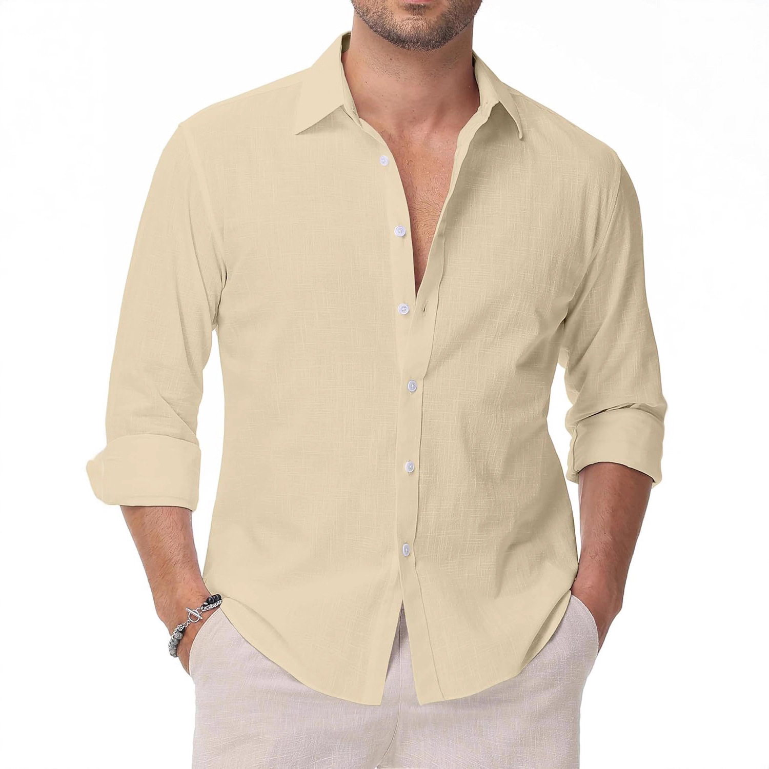 Eouoss Men's Shirt Casual Button down Long Sleeve Shirt Solid Color Summer Beach Hawaiian Shirt Dropshipping