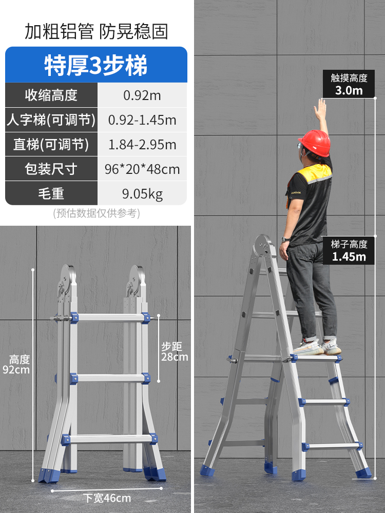 α♭♭♭♭♭【德标特厚款1.5MM】多功能三步梯（稳固耐用）-多功能折叠梯α♭♭♭♭♭