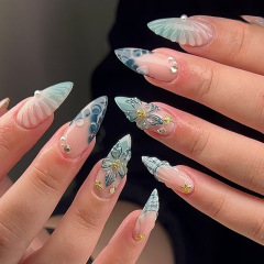 立体复古蓝色泡泡闪钻珍珠渐变海星气质欧美ins风可拆卸美甲24片