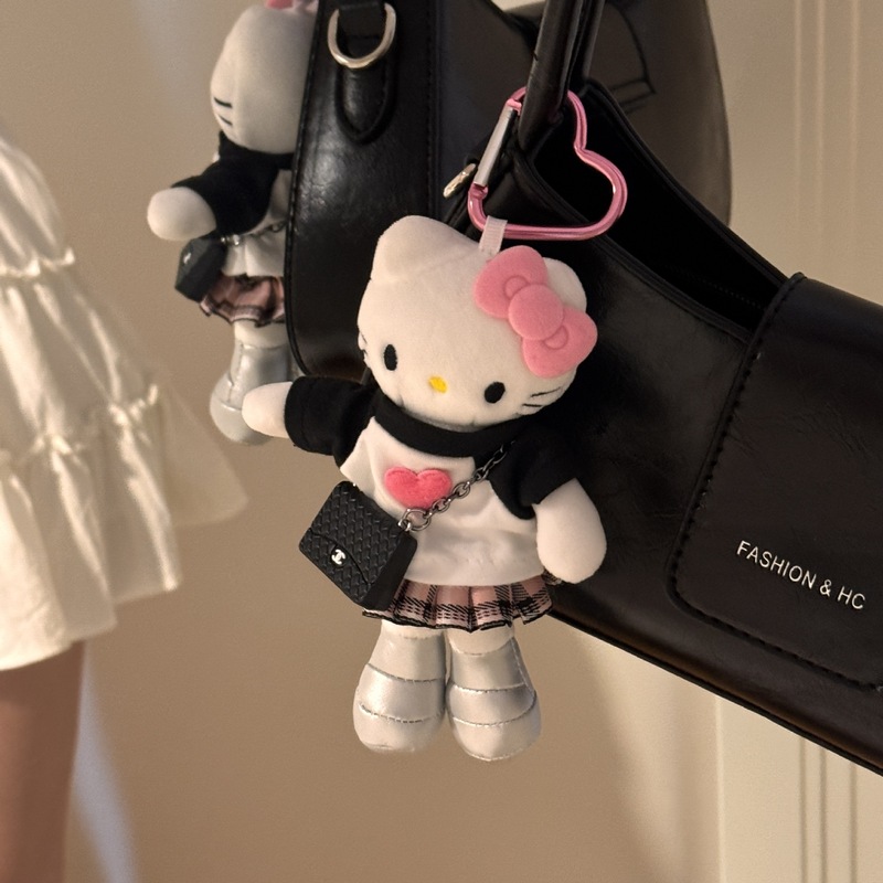 かわいいホットガール y2k アビーハロー黒革ロングレッグハローキャットペンダント人形ぬいぐるみバックパックキーホルダーペンダント|undefined