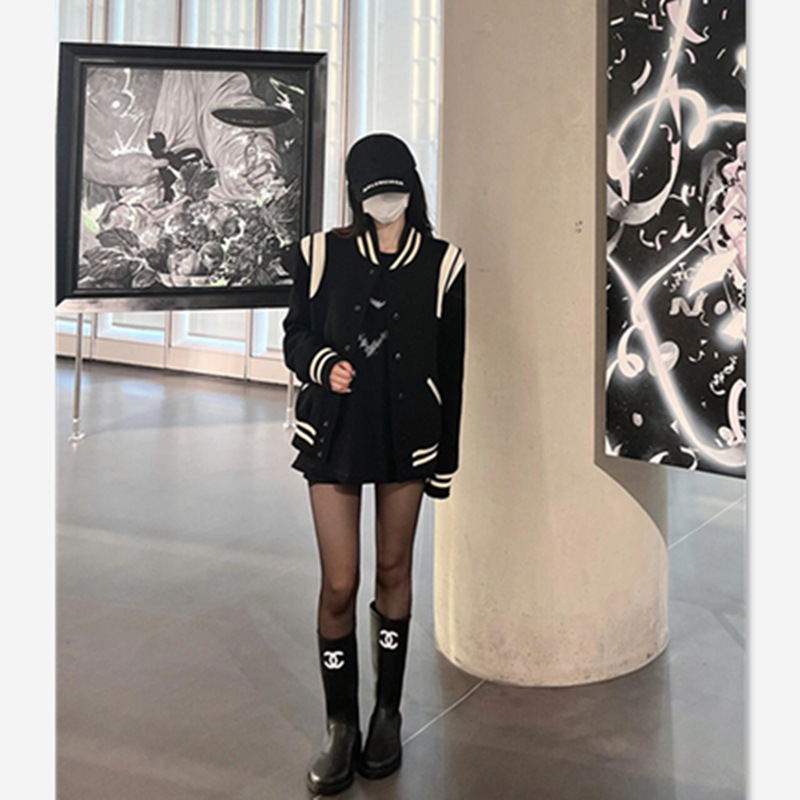 黑色棒球服外套女加厚秋季2025新款美式复古学院风毛呢夹克上衣|undefined