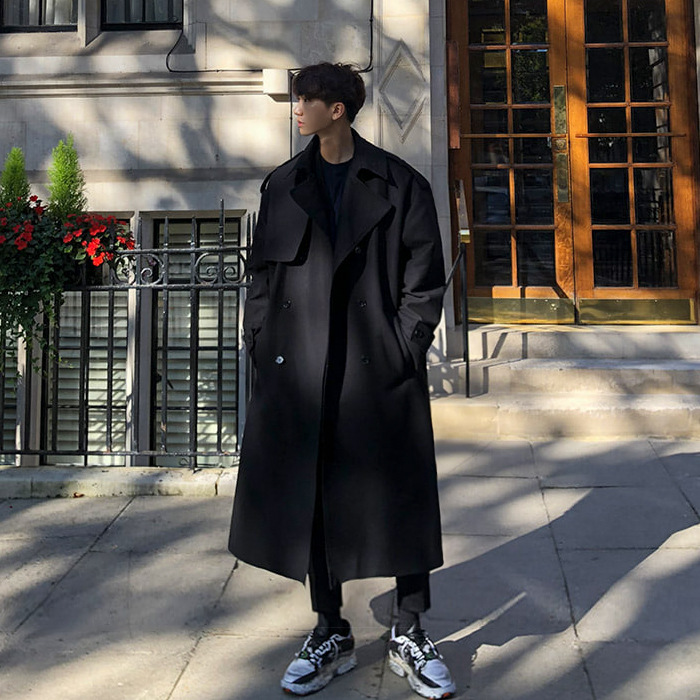Otoño e invierno de los hombres de Hong Kong estilo de moda marca de doble botonadura de media longitud gabardina guapo sobre la rodilla de los hombres capa de abrigo suelto abrigo