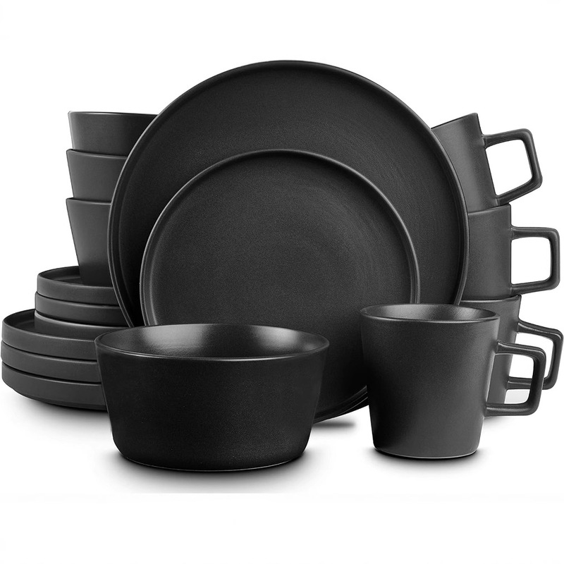 Black Ceramic 16-Piece Dinnerware Set for Four People, Including Dinner Plates, Flat Plates, Soup Bowls, and Mugs