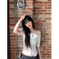 MR [Meiling Jacquard] アメリカン小花柄パッチワークフェイクツーピースワンショルダーTシャツレディース夏スリムホットガール