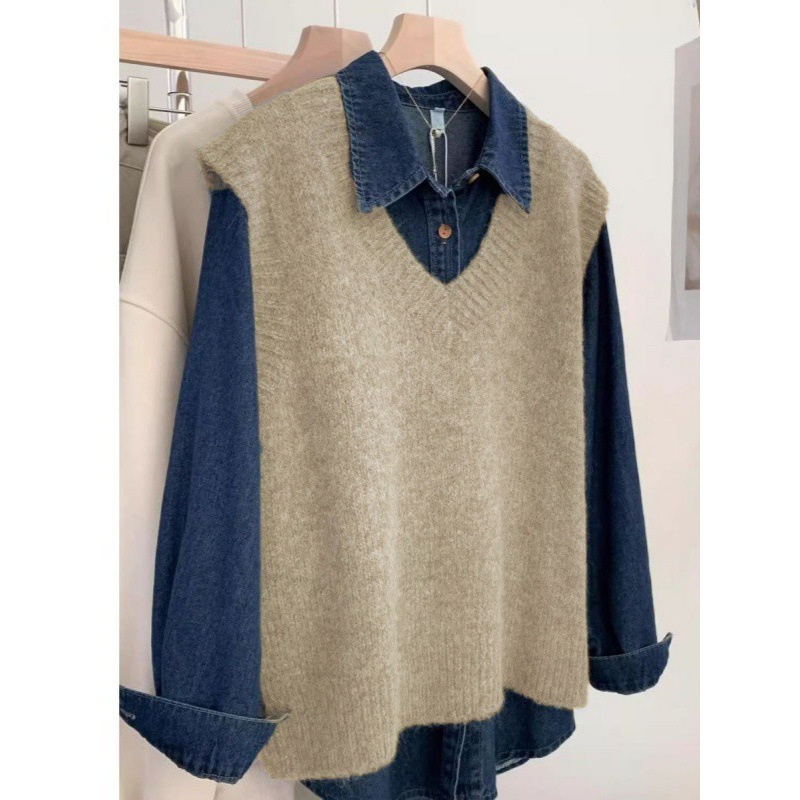 Corea del otoño chaleco de punto para mujeres 2025 nuevo estilo universitario camiseta de punto de cuello V suéter chaleco de mujer plegado con hombros
