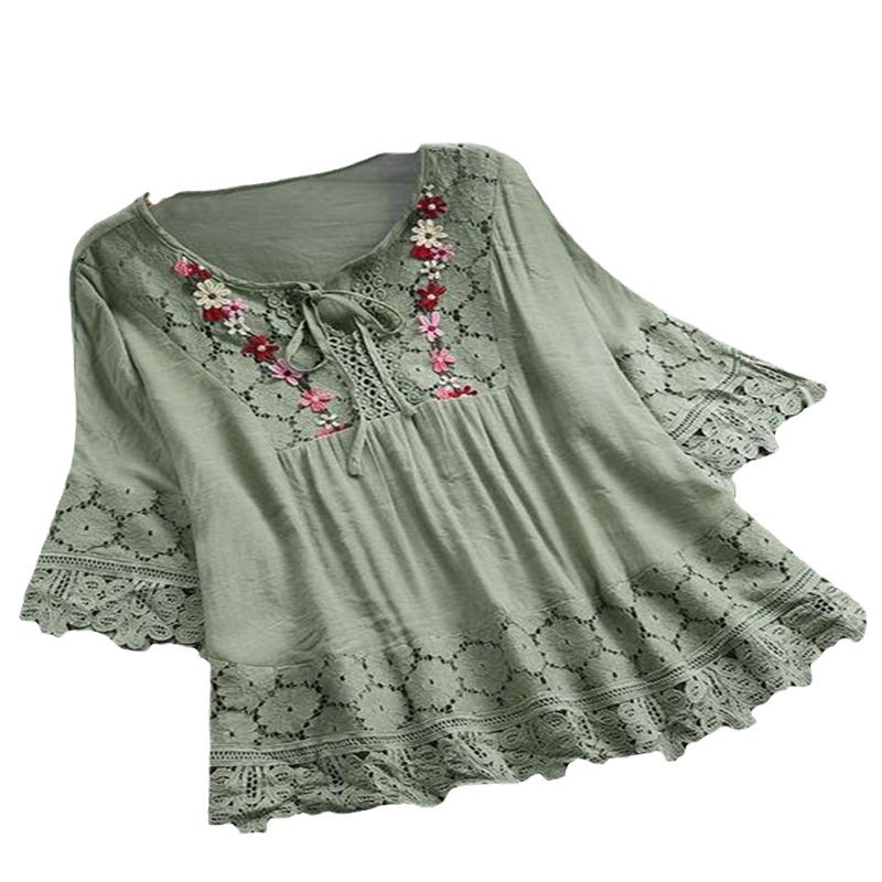 New 2022 Summer Amazon Cotton and Linen Stitching Lace Elegant European and American V-neck Loose Women's Top