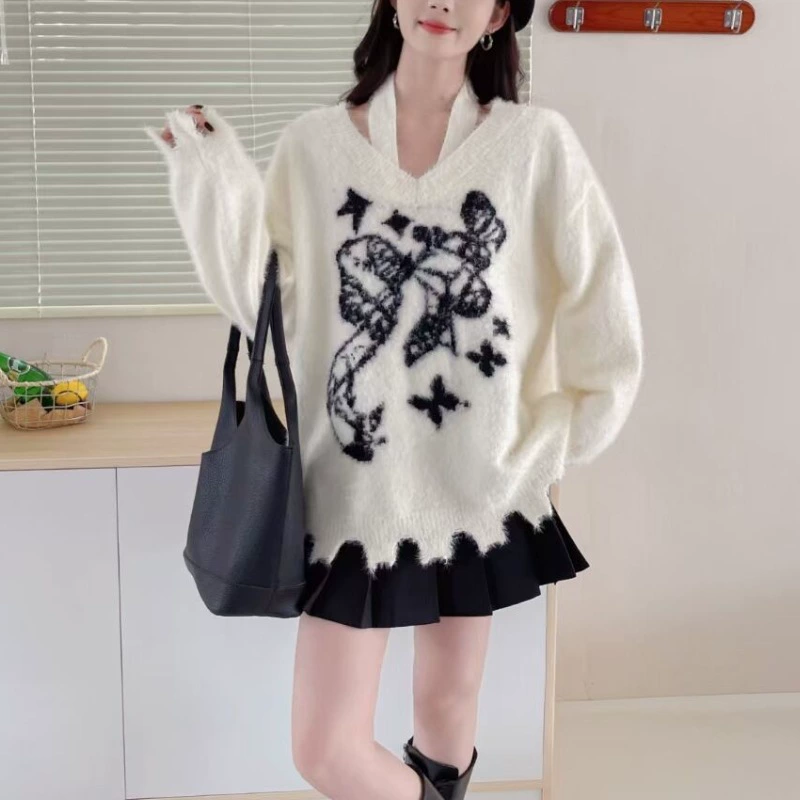 Oversized Velvet Knitted Sweater, Artificial Fur, American Style, Demi-Season, One Size