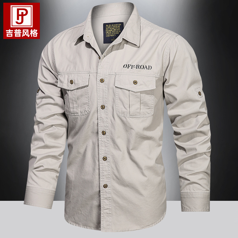 Otoño nuevo multi-bolsillo camisa de manga larga uniforme militar hombre gran camisa de trabajo de algodón casual chaqueta juvenil hombre