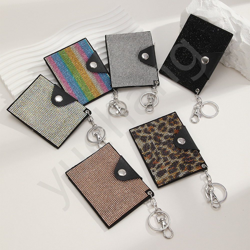 Cross-border fashion colorful water diamond credit card case key chain leather women's purse leopard print rainbow card holder